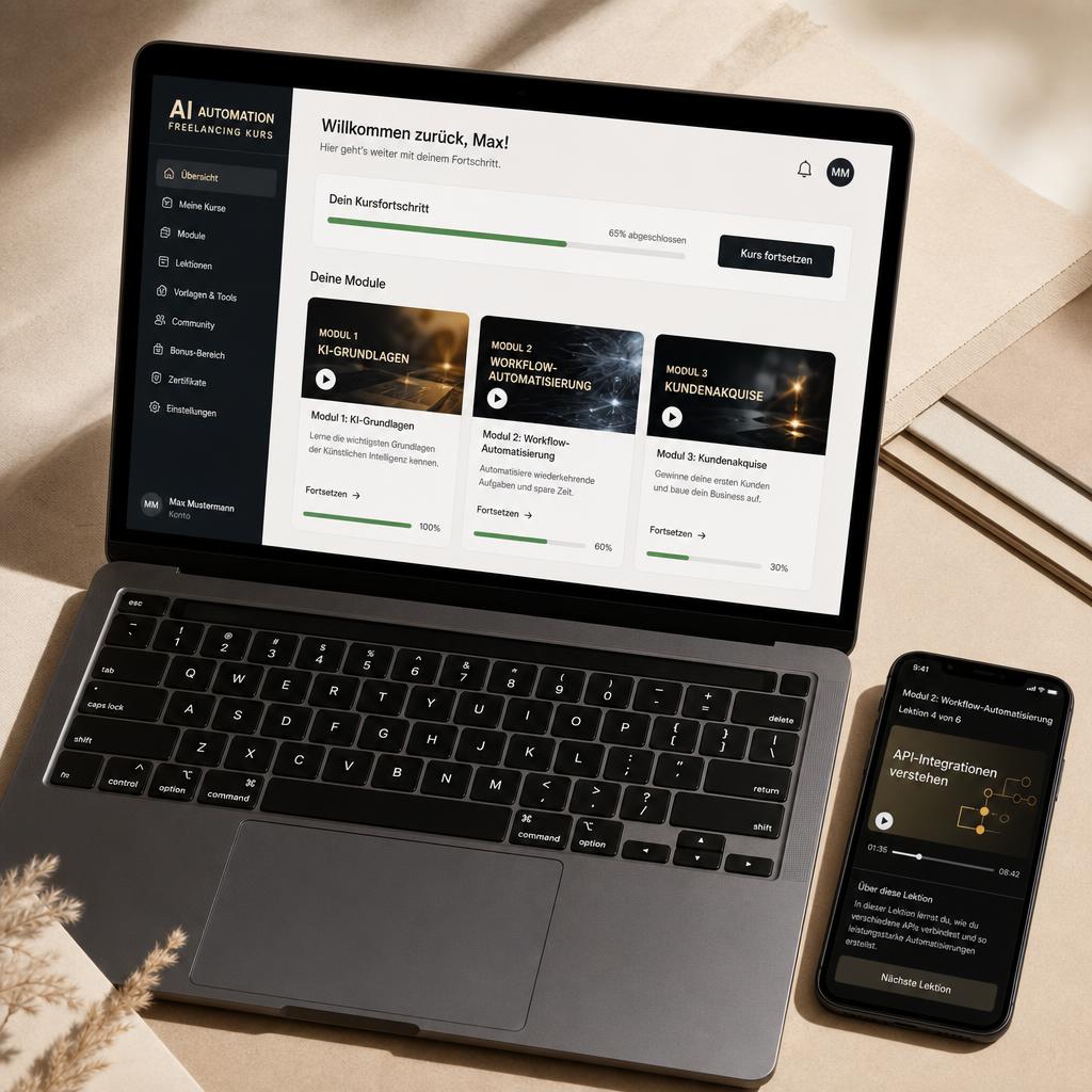 Mockup des AI Automation Freelancing Kurses auf Laptop und Smartphone.