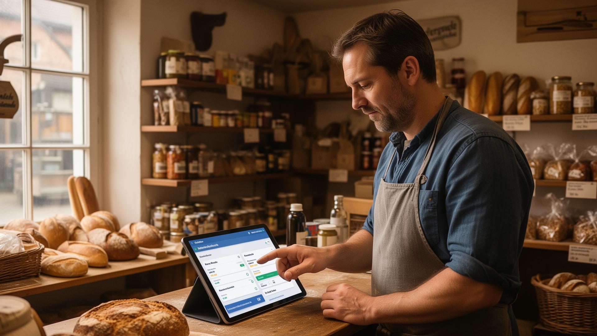 Inhaber einer kleinen Bäckerei prüft auf einem Tablet ein Bestell-Automatisierungs-Dashboard.